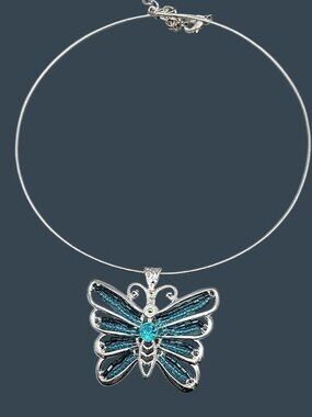 Vintage Blue Beaded Rhinestone Butterfly Pendant 20" Silver Tone Wire Necklace